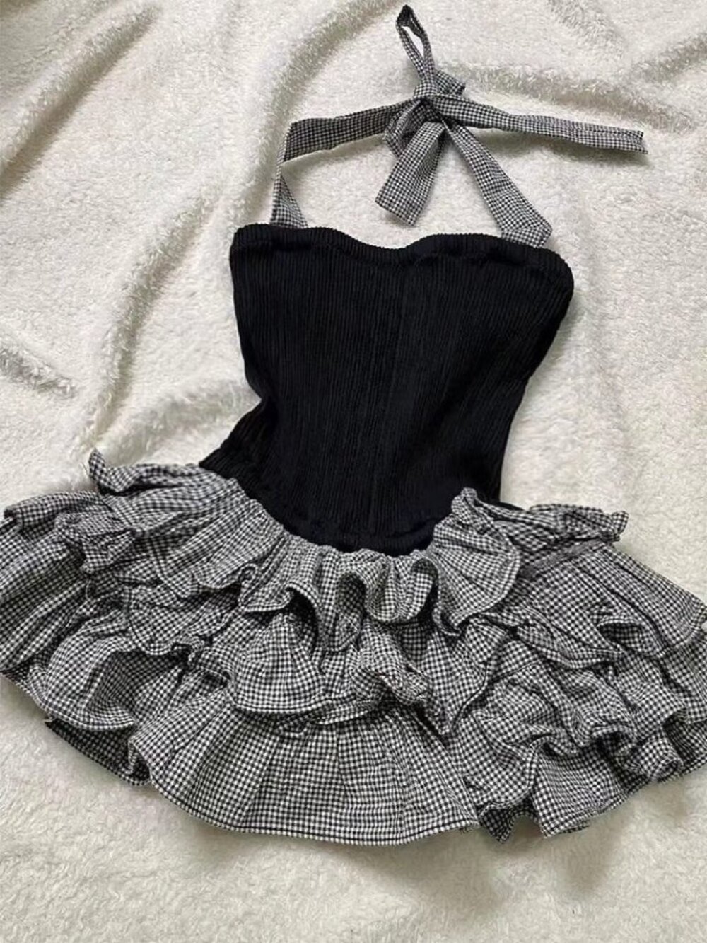 Y2K Tie‑Back Halter Dress Corset‑Style Bodice Gingham Tiered Ruffle Hem